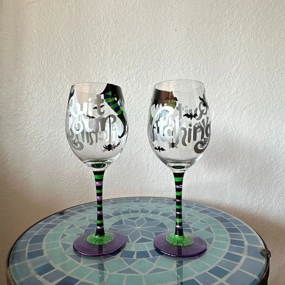 Set of 2 quit your witching Hand painted wine glasses Halloween
